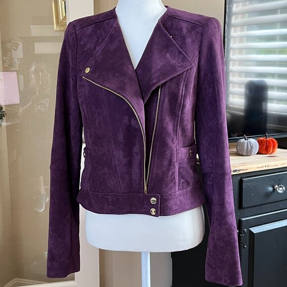 NWOT Calvin Klein Purple Suede Lined Moto Jacket sz 6 P - Picture 2 of 9